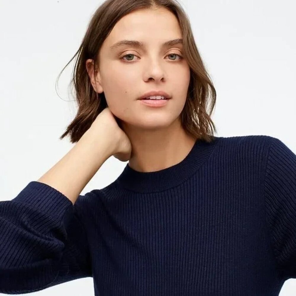 NWT J.Crew Long Sleeve Ribbed Knit Midi in Navy Blue Stretch Dress S - Picture 3 of 9